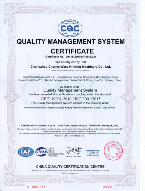 CHINA Changzhou Chenye Warp Knitting Machinery Co., Ltd. certificaten