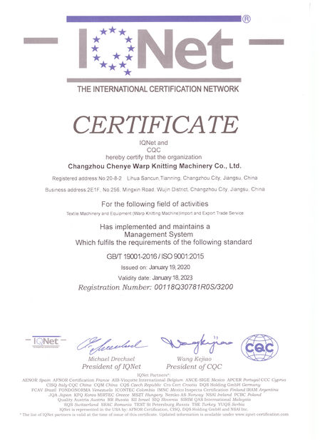 CHINA Changzhou Chenye Warp Knitting Machinery Co., Ltd. certificaten