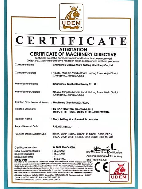 CHINA Changzhou Chenye Warp Knitting Machinery Co., Ltd. certificaten