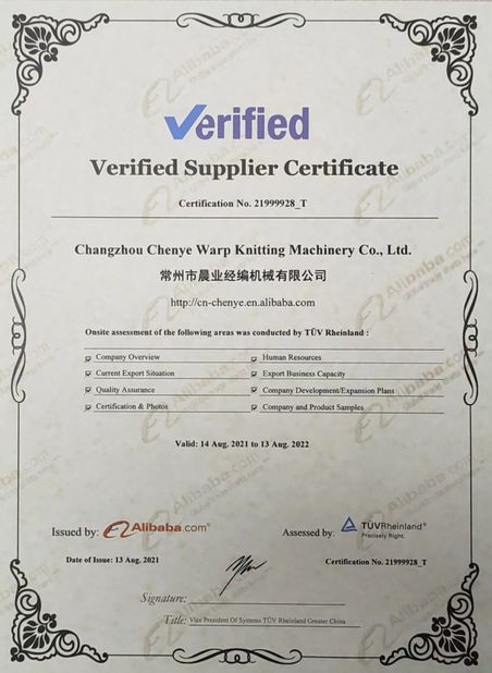 CHINA Changzhou Chenye Warp Knitting Machinery Co., Ltd. certificaten